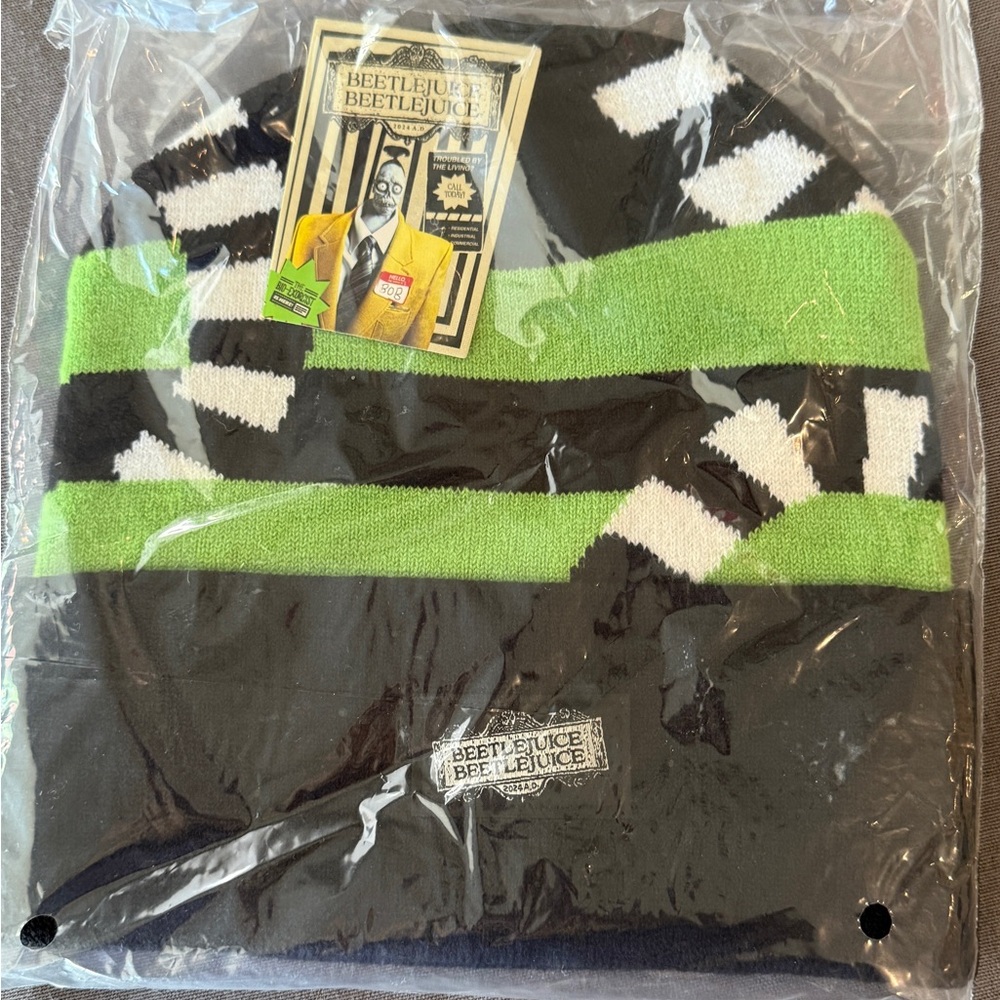 Beetlejuice Black and Green Striped Beanie Hat
